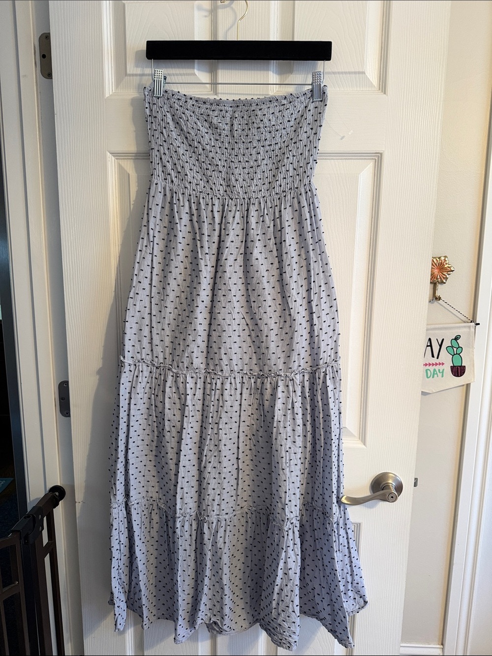 Strapless Light Blue Dot Maxi Dress with Smocked Bodice